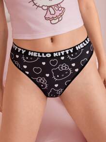 HELLO KITTY AND FRIENDS | SHEIN Quần lót lọt khe in chữ và hình mèo hoạt hình dễ thương thoải mái cho nữ - Đen và trắng - Xem 5