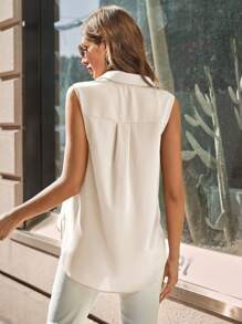 SHEIN Clasi 女士休闲无袖纯色衬衫，夏季 - 米色 - 查看 2