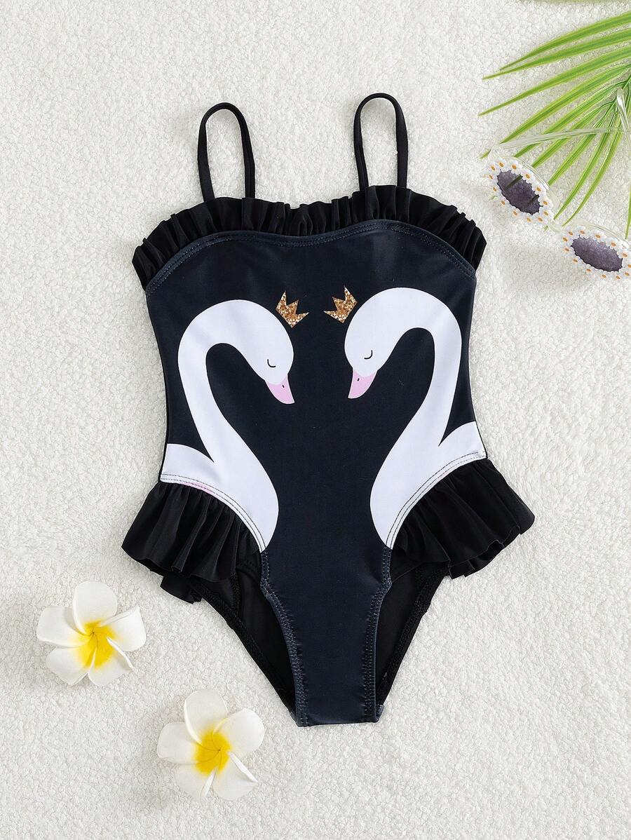 SHEIN 1pc Young Girl Random Printed One-Piece Swimsuit - Black - View 1