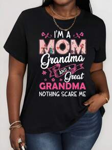 Camiseta de manga corta con cuello redondo y estampado de eslogan para mujer, tallas grandes - Negro - Ver 1