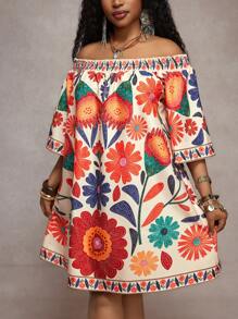 Slaydiva 2025 春夏新品大码露肩花卉印花休闲度假连衣裙波西米亚风女装女装波西米亚风连衣裙女装墨西哥风连衣裙女装女装波西米亚风狂欢服装音乐节