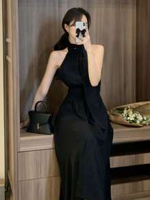 DAZY Elegant Ladylike Tie-Neck Waist Cinched Dress For Women - Black - View 8