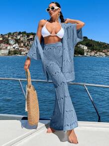 EURMUSE 女士 Vcay 钩针针织七分袖和服和长裤罩衫套装 - 淺藍色 - 查看 4