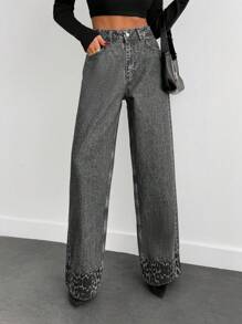 EURMUSE HIGH RISE SLANT POCKET WIDELEG JEAN WITH LEOPARD - Light Grey - View 5