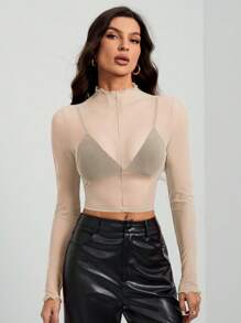SHEIN Tall 女款純色長袖立領透視性感上衣 - 杏色 - 查看 5