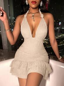 SOLERSUN Women Summer Solid Color Deep V-Neck Halter Neck Strap Ruffle Hem Sexy Fashion Dress (Random Pattern) - Apricot - View 1