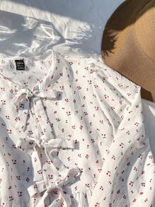 Comfortcana Áo sơ mi dệt trắng có thiết kế hình trái tim và nơ đáng yêu phía trước - trắng - Xem 5