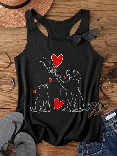 SHEIN LUNE Cute Cat & Dog Heart Love Animals, Protect Animals, Animal Rescue Ladies Casual Racerback Tank Top Back To School,Casual