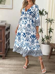 SHEIN Maternity Loose Retro Printed Dress, Comfortable Beach/Casual Vacation Wear - Blue - View 5