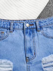 SHEIN 青少年女孩休闲洗水做旧磨边牛仔短裤 - 中等水洗藍 - 查看 4