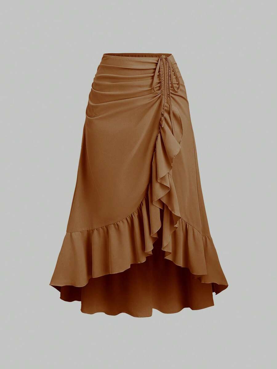 Sweetra Falda de mujer nueva de color burdeos estilo retro con volantes y bajo a diferentes alturas, falda con cintura con cordón y bajo en capas, falda de fiesta, falda estilo bohemio para primavera y verano - Caqui - Ver 1