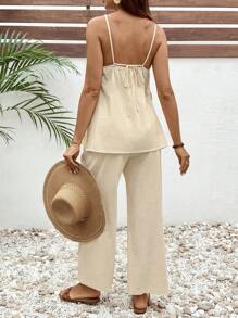 SHEIN Maternity 2pcs/Set Solid Side Slit Cami Top And Adjustable Waist Pants, Casual Vacation Outfit Cotton