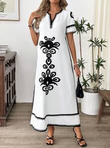 SHEIN 花卉印花 V 领短袖休闲连衣裙，孕妇装