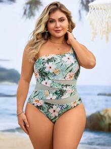 Swim Lushoire Plus Size 1pc Women Plant Print Mesh Patchwork One-Piece Swimsuit, Fashionable Casual Holiday Style - Multicolor - View 4