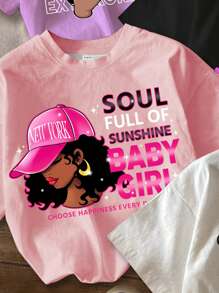 SHEIN Leap Crew Tween Girls 4 件装休闲百搭前卫卡通、心形、英文字母“NEW YORK、BOSTON”图案短袖圆领 T 恤，白色、黑色、粉色、紫色，适合夏季 - 彩色 - 查看 5