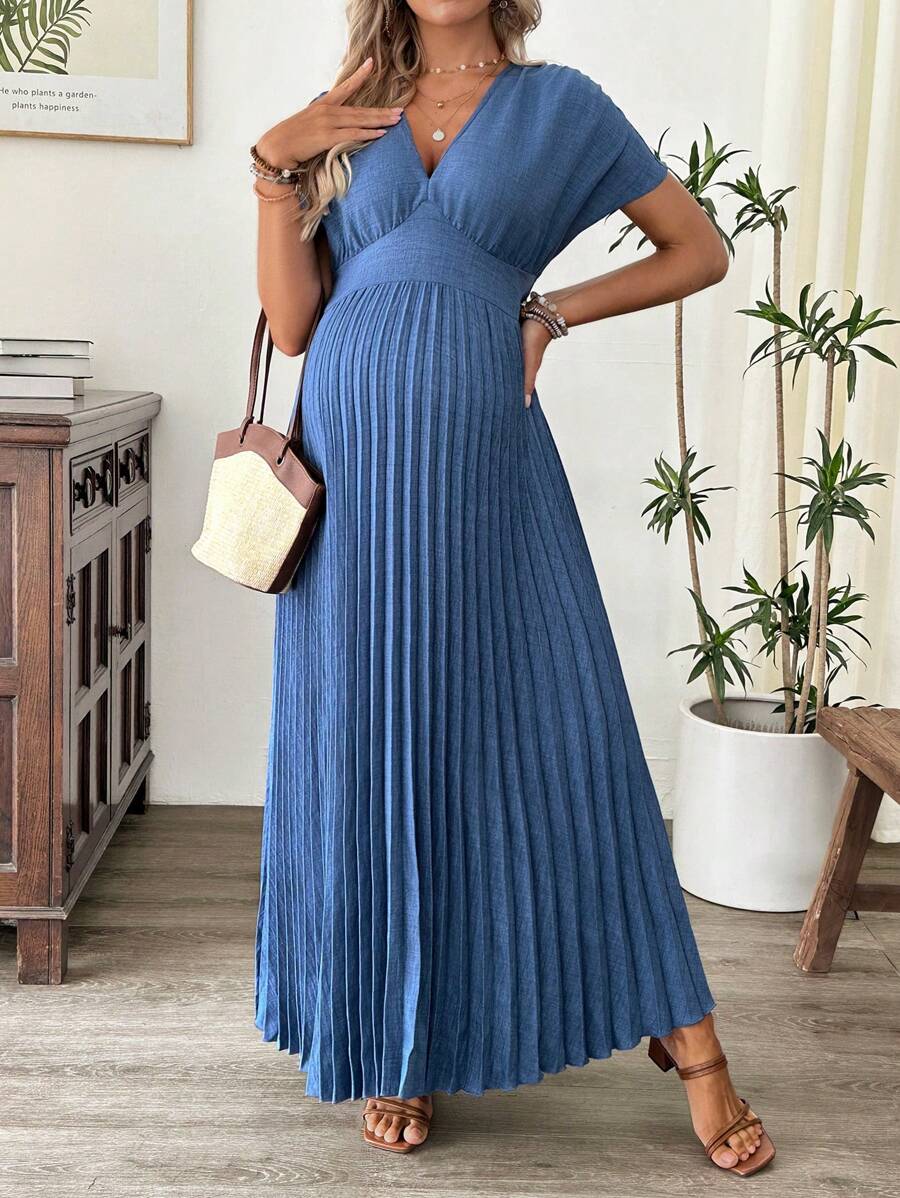 SHEIN Maternity V-Neck Bat Sleeve Pleated Hem Dress, Fitted - Blue - View 1