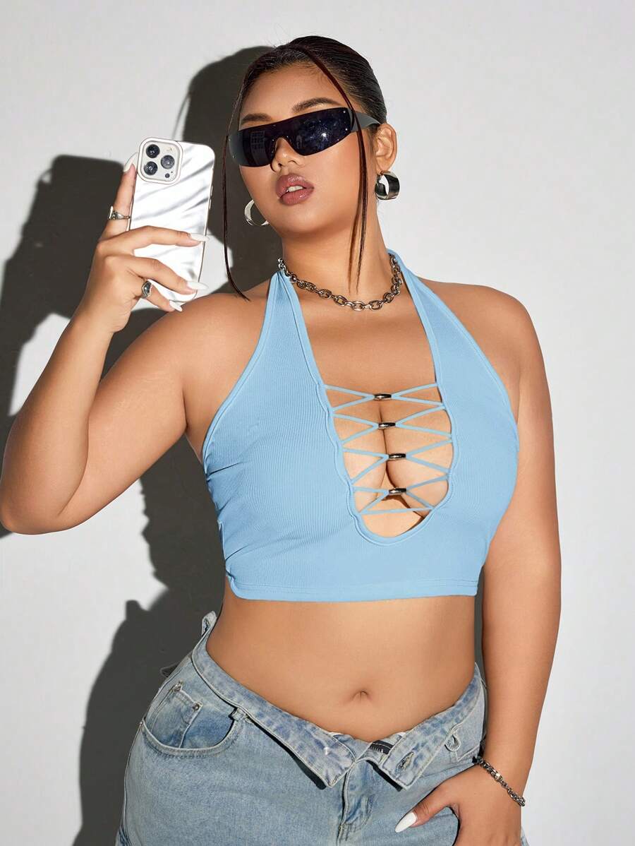 SHEIN ICON Plus Size Slim Fit Deep V-Neck Beaded Decoration Halter Neck Tank Top - Baby Blue - View 1