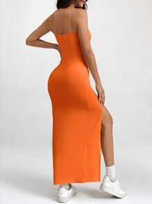 SHEIN PETITE Women's Solid Color High Slit Strap Black Long Skirt Dress - Orange - View 2