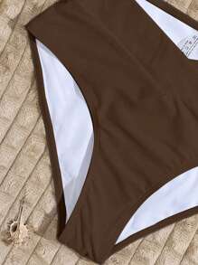 Swim Vcay 2025 Women Solid Color Cross Front Sexy Bikini Set Swimsuit For Summer Beach Vacation - Coffee Brown - View 4