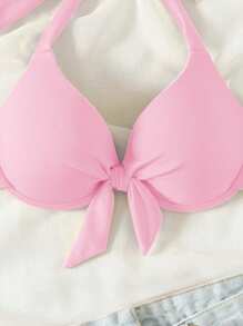 Bonvoyette 2026 Spring/Summer Push-Up Special Fabric Bow Tie Halter Neck Pink Gathering Sweet Women Bikini Swimwear Top - Pink - View 5