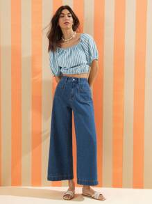 WESTFADE 中腰贴袋宽松阔腿七分长西部牛仔牛仔裤春假休闲海滩度假 - 淺色水洗藍 - 查看 1