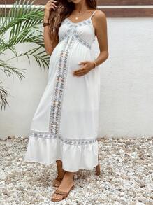 SHEIN White Boho Maternity Midi Dress With Floral Embroidery And V Neck - White - View 6