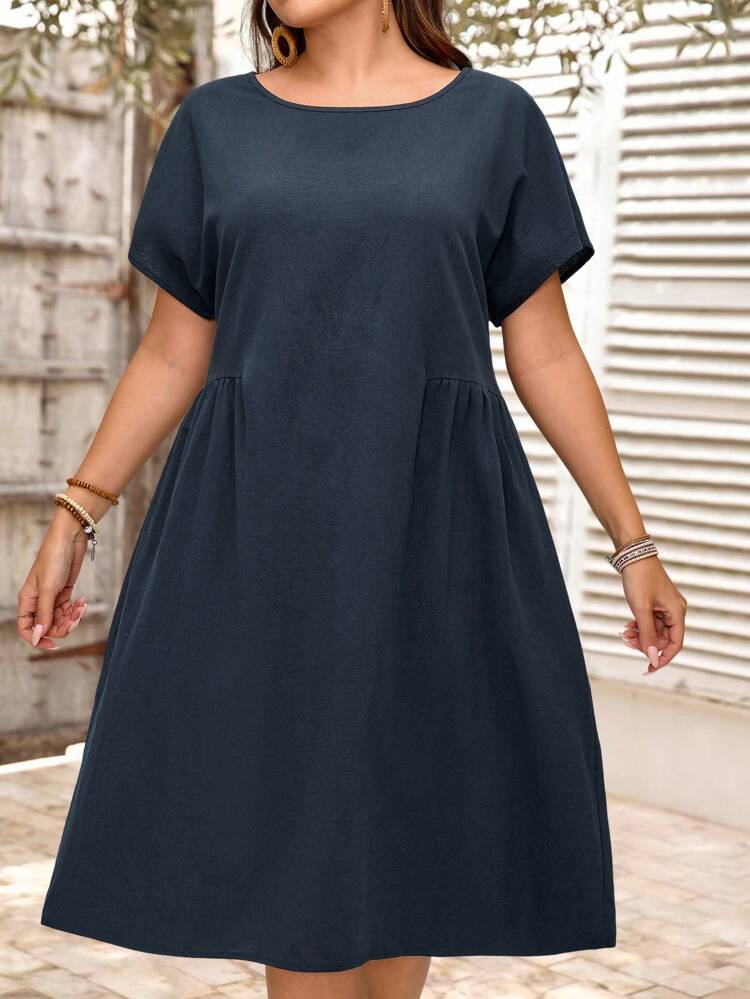 Plus Size Countryside Vacation Comfortable And Casual Raglan Sleeve Dark Blue Waist Section Split Small Pleated Plus Size Short Dress Suitable For Spring And Summer Boho Women's Clothing