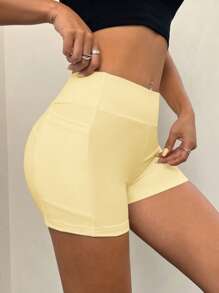 SHEIN EZwear Women's Casual Yellow Knitted Fabric Short Leggings With Pockets - Yellow - View 3