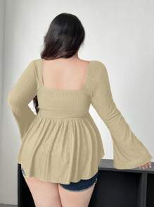 Flirla Plus Size Women Contrast Lace V-Neck Flared Sleeve Textured Knit T-Shirt - Apricot - View 2