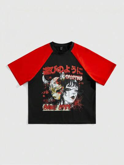 Anime T-shirt homme à manches raglan avec imprimé graphique, coupe ample et couleurs contrastées