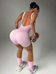 Dewbera 无缝高弹力运动健身连体衣 - 粉色 - 查看 3