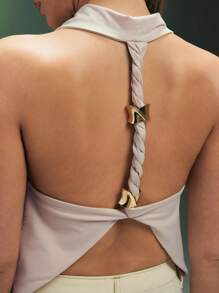 Denimoi 垂坠式露背上衣，带有扭纹编织细节和金色金属配件，无袖露背早午餐女孩之夜夏季度假风格 - 米色 - 查看 4