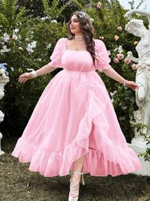 Flirla Plus Size Square Neck Organza Puff Sleeve Ruffle Hem High Slit Dress, Elegant Sweet For Lawn Wedding, Vacation - Pink - View 1