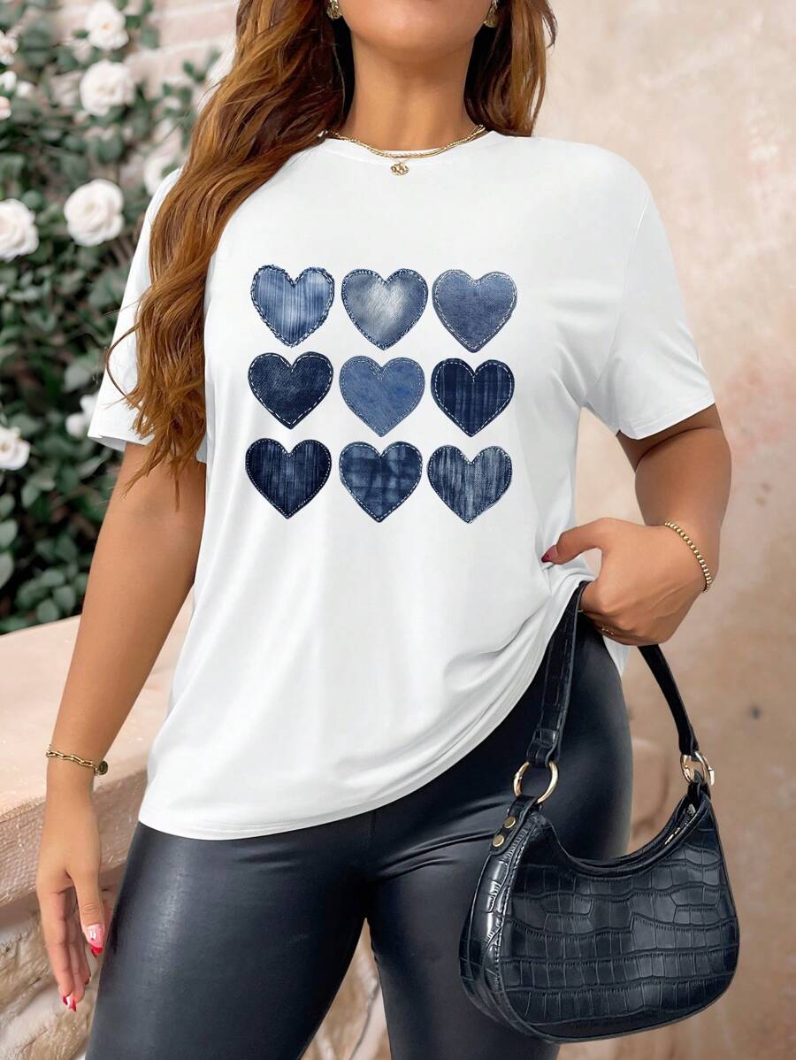 INAWLY Áo thun cổ tròn tay ngắn in hình trái tim cỡ lớn cho nữ - trắng - Xem 1