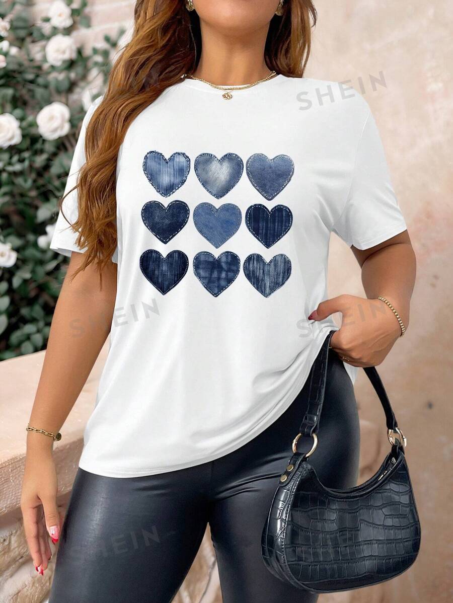 INAWLY Camiseta holgada de manga corta, cuello redondo y estampado de corazones para mujer de talla grande