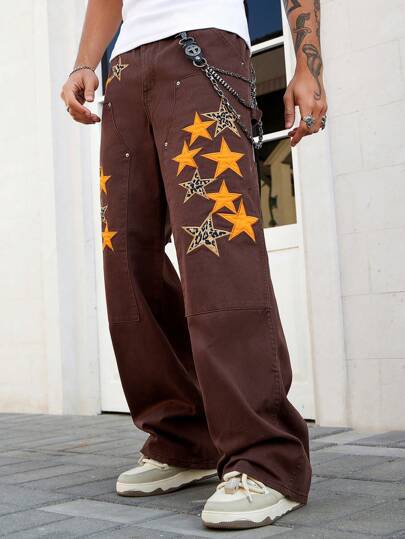 Street Life Pantalones vaqueros de mezclilla casual diaria con bordado de estrella para hombres