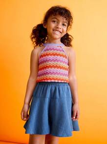 SHEIN Young Girls Beach Casual Color Block Striped Halter Top And Mini Skirt Set - Multicolor - View 1