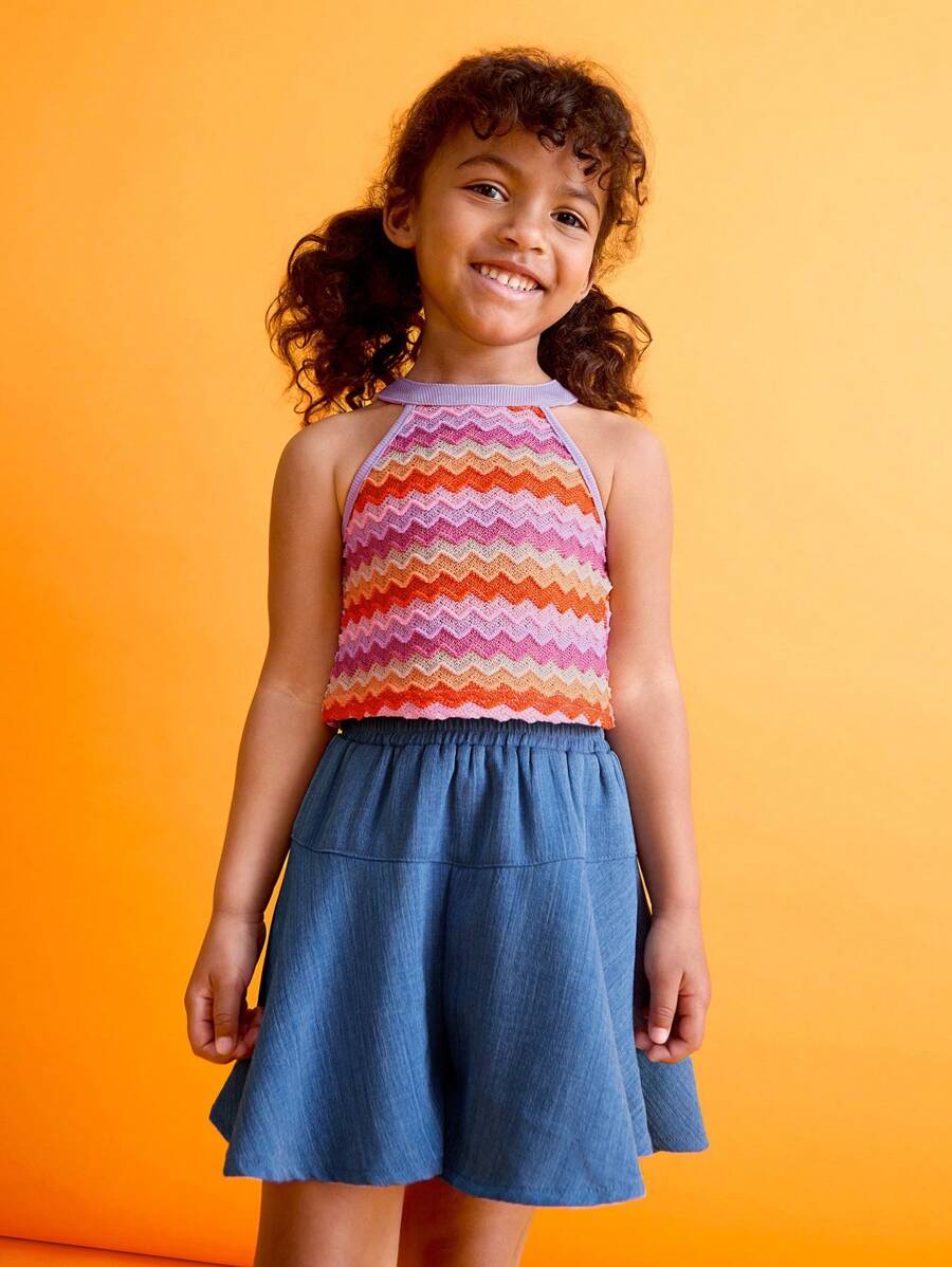 SHEIN Young Girls Beach Casual Color Block Striped Halter Top And Mini Skirt Set - Multicolor - View 1