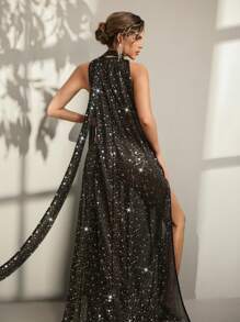 SHEIN Pregnant Women Elegant Sparkling Sheer Side Split Halter Dress, For Party & Maternity Photoshoot - Black - View 2