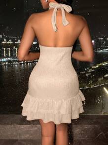 SOLERSUN Women Summer Solid Color Deep V-Neck Halter Neck Strap Ruffle Hem Sexy Fashion Dress (Random Pattern) - Apricot - View 2