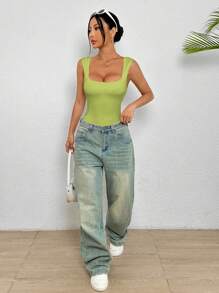 SHEIN PETITE Women's Casual Green Sleeveless Square Neck Bodysuit: Backless Design For Effortless Summer Style - Green - View 4