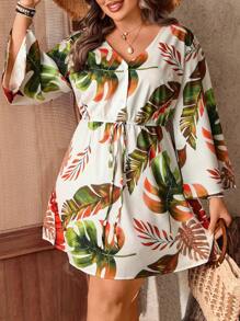 SHEIN Clasi Plus Size Casual Resort Beach V-Neck Ruffle Sleeve Dress - Multicolor - View 6