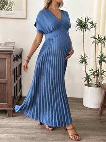 SHEIN Maternity V-Neck Bat Sleeve Pleated Hem Dress, Fitted - Blue - View 3