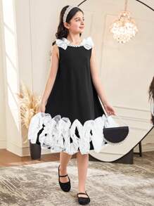 SHEIN Tween Girl 花卉拼布下摆和蝴蝶结后背无袖优雅连衣裙 - 黑與白 - 查看 4