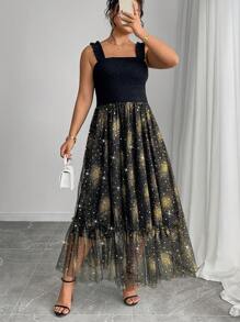 Elenzga Plus Size Patchwork Foil Mesh Extra Long Dress