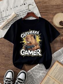 SHEIN 青少年男孩休闲卡通动物戴耳机图案印花短袖圆领 T 恤，适合日常穿着和节日 T 恤（单独出售 1 件） - 黑色 - 查看 1