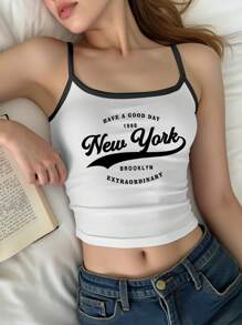 SHEIN Teen Girls Casual Minimalist Black & White New York 1998 Graphic Camisole, Sleeveless Snug Fit Tank Top, Summer - Multicolor - View 1