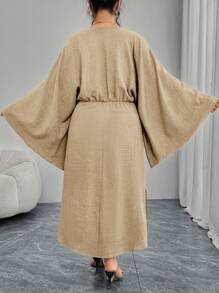 Modelyn Plus Size V-Neck Long Sleeve Casual Dress, Suitable For Summer - Khaki - View 4