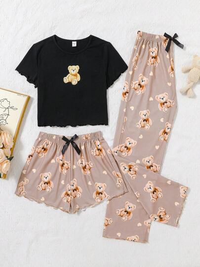 SHEIN Teen Girls 3pcs Cute Bear Graphic Round Neck Short Sleeve Tee With Bow Decorated Shorts/Pants Pajama Set, Loose Fit