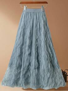 Franclia Chân váy lưới xếp nếp chữ A ngọt ngào cho nữ, chân váy dài xòe xếp ly cạp cao, mùa xuân/hè - Màu xanh bụi bặm - Xem 2